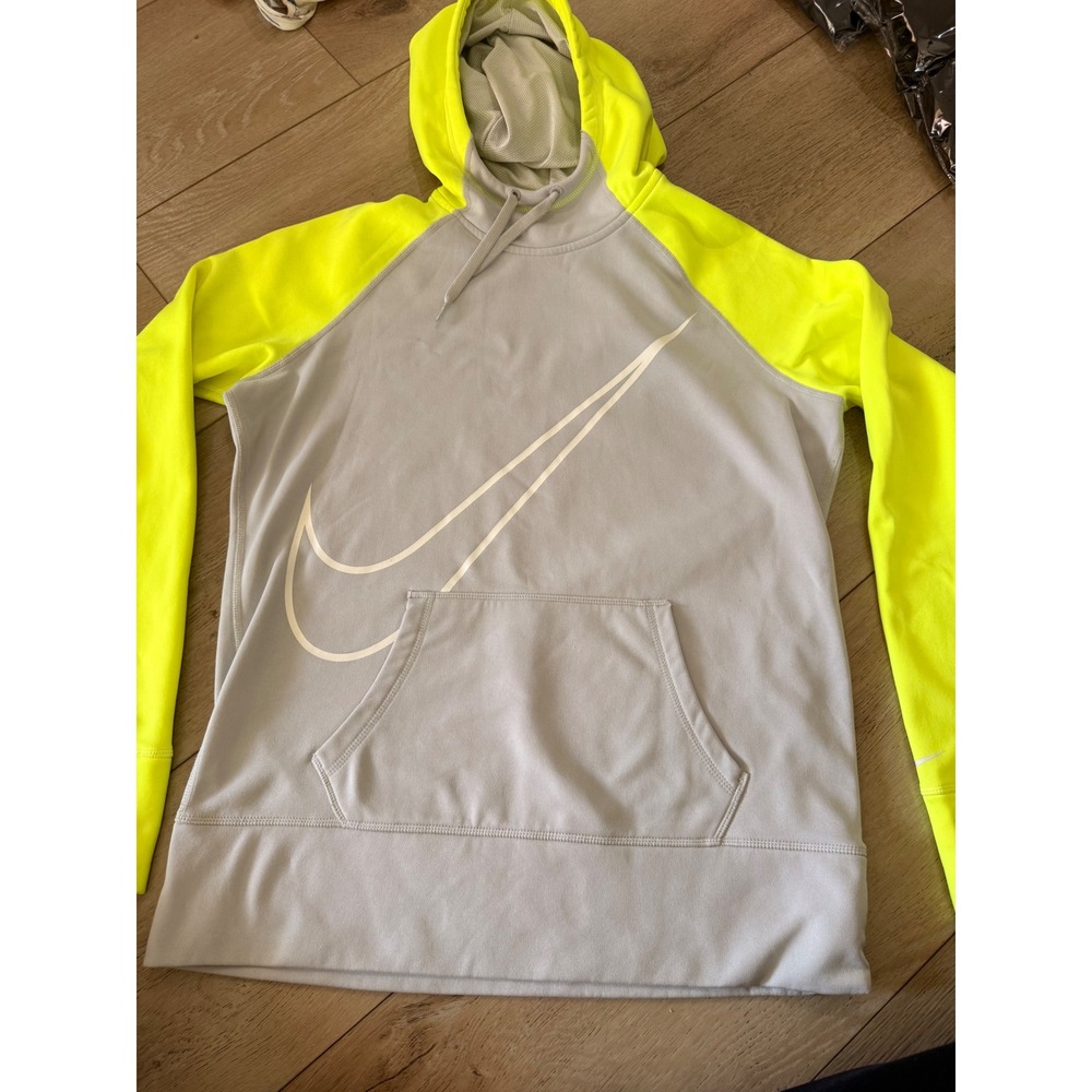 Nike Therma-FIT Mens Lrg Hoodie Grey Neon Yellow Swoosh Pullover Sweatshirt 245